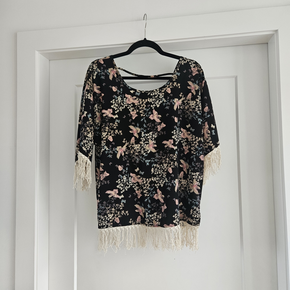 Pink Owl Black Floral Blouse with Cream Fringe - Size L